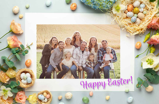 ZFF Easter Family photo on the farm, with easter theme frame with flowers and eggs