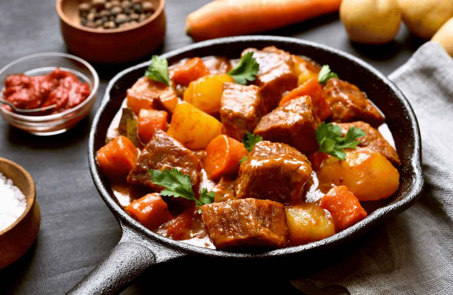 Beef Stew Meat includes well-trimmed beef cut into pieces generally used for stews and soups.