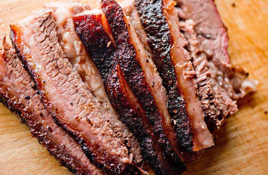 Premium Beef Brisket Point, in this image thinnly sliced and smoked