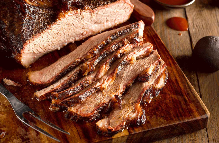 Premium Beef Brisket Flat, in this image sliced and smoked